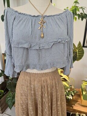 Love Tree Dusty Blue Swiss Dot Off Shoulder Boho Crop Top Medium